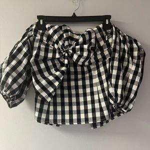 Black and White Gingham OTS puff sleeve top with bow front and slit back. (S)